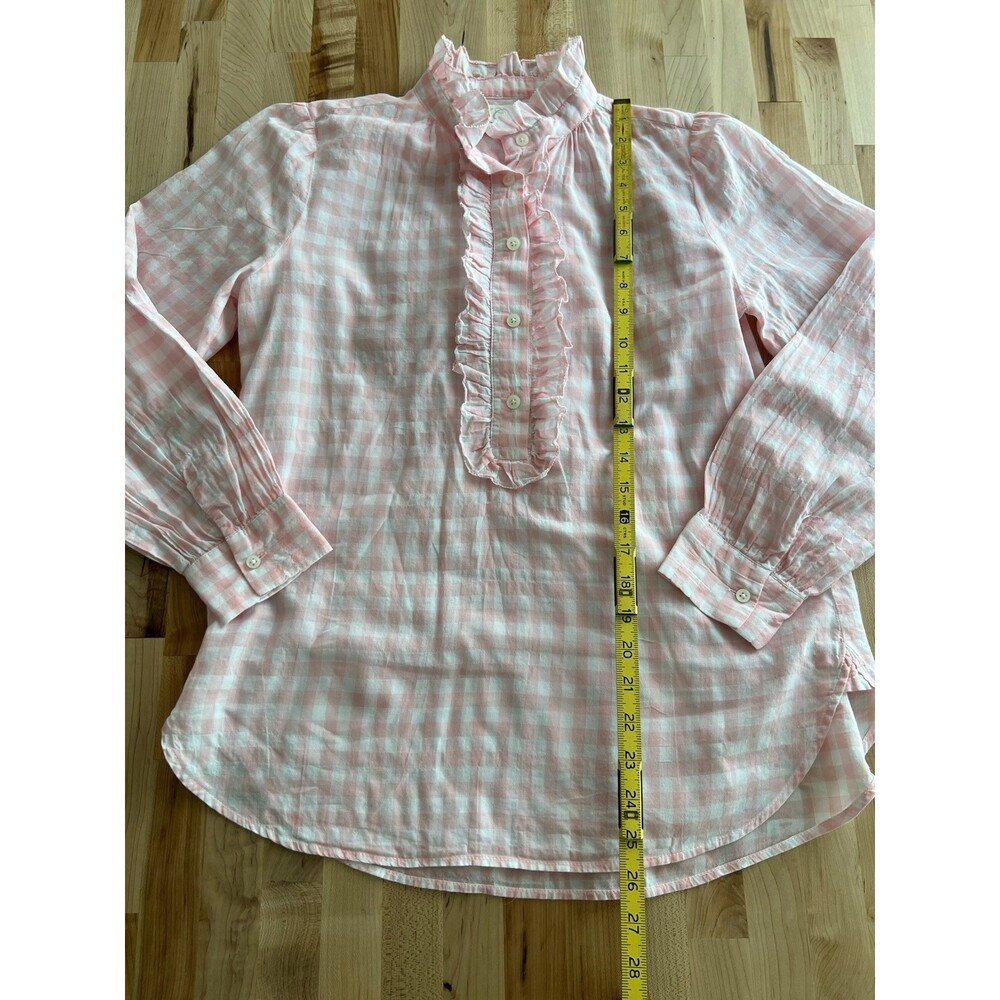 J Crew Pink Long Sleeve Ruffle Neck Blouse Cotton Stretch Gingham Pink White 6 - Picture 9 of 9